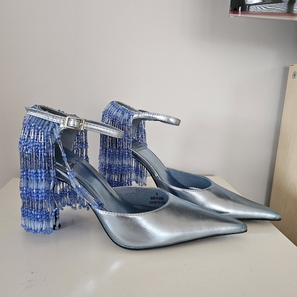 JEFFREY CAMPBELL Show Stop Light Blue Metallic Beaded Fringe Leather Pumps - Picture 11 of 16